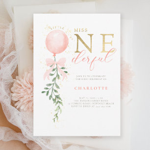 Little Miss Blush Bow Balloon 1st Birthday Party Invitation