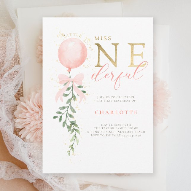 Little Miss Blush Bow Balloon 1st Birthday Party Invitation (little miss onederful girls 1st birthday invite pink blush balloon bow greenery watercolor elegant)