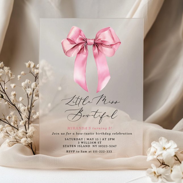 Little Miss Bowtiful Pink Bow girl Birthday Acrylic Invitations (Creator Uploaded)
