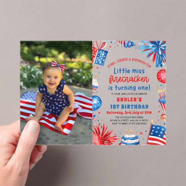 Little Miss Firecracker 4th of July 1st Birthday Acrylic Invitations (Insitu (Handheld))