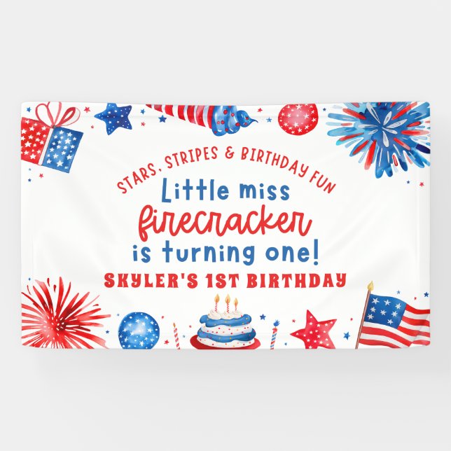 Little Miss Firecracker 4th of July 1st Birthday Banner (Horizontal)