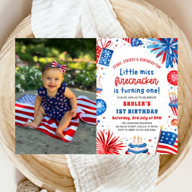 Little Miss Firecracker 4th of July 1st Birthday Invitation (Watercolor Little Miss Firecracker Fireworks Patriotic Girl 4th of July 1st Birthday Invitation)