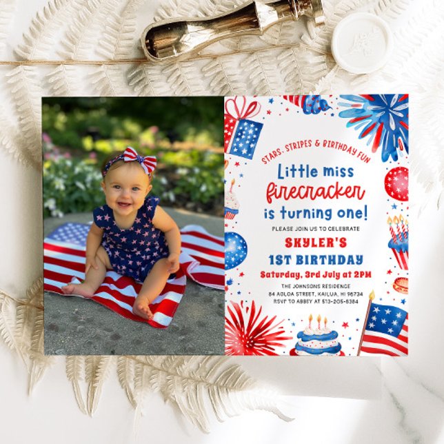 Little Miss Firecracker 4th of July 1st Birthday Invitation (Watercolor Little Miss Firecracker Fireworks Patriotic Girl 4th of July 1st Birthday Invitation)