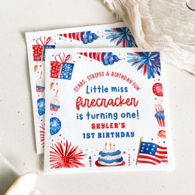 Little Miss Firecracker 4th of July 1st Birthday Napkin (Little Miss Firecracker 4th of July 1st Birthday Paper Dinner Napkins)