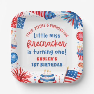 Little Miss Firecracker 4th of July 1st Birthday Paper Plate
