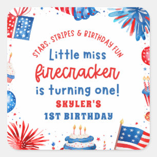 Little Miss Firecracker 4th of July 1st Birthday Square Sticker