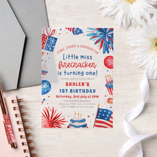 Little Miss Firecracker 4th of July 1st Birthday Vellum Invitations (Wedding)