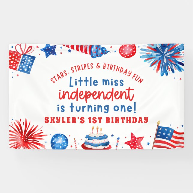 Little Miss Independant 4th of July 1st Birthday Banner (Horizontal)