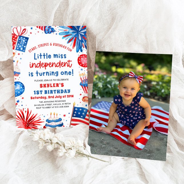 Little Miss Independant 4th of July 1st Birthday Invitation (Watercolor Fireworks Patriotic Little Miss Independent 4th of July Girl 1st Birthday Invitation)