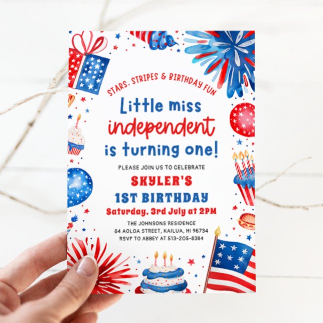 Little Miss Independant 4th of July 1st Birthday Invitation (Watercolor Fireworks Patriotic Little Miss Independent 4th of July Girl 1st Birthday Invitation)
