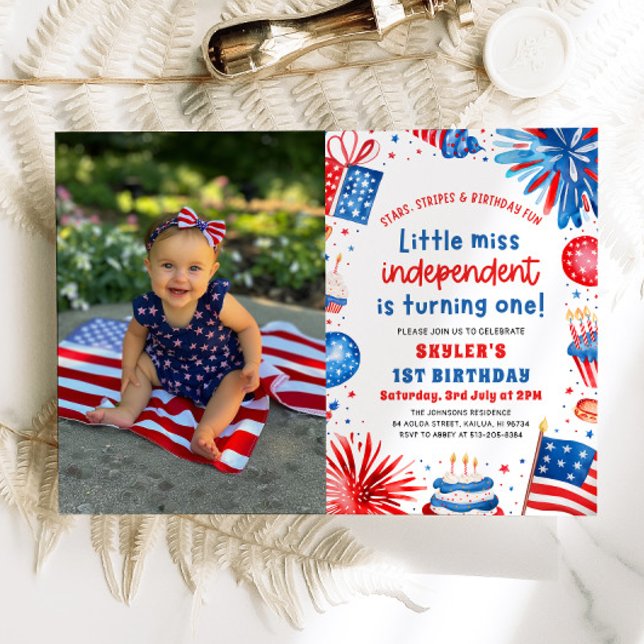 Little Miss Independant 4th of July 1st Birthday Invitation (Watercolor Fireworks Patriotic Little Miss Independent 4th of July Girl 1st Birthday Invitation)