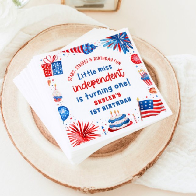 Little Miss Independant 4th of July 1st Birthday Napkin (Little Miss Independent 4th of July 1st Birthday Paper Dinner Napkins)