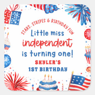 Little Miss Independant 4th of July 1st Birthday Square Sticker