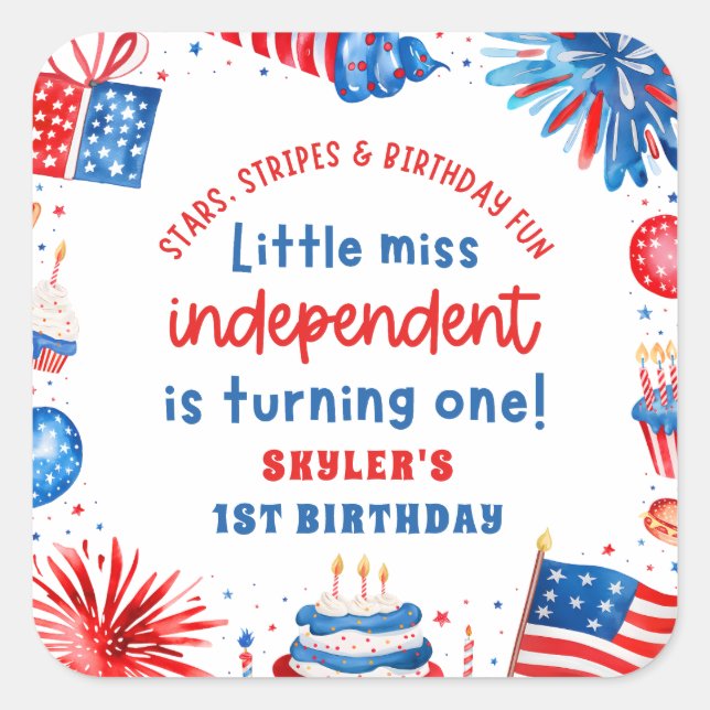 Little Miss Independant 4th of July 1st Birthday Square Sticker (Front)