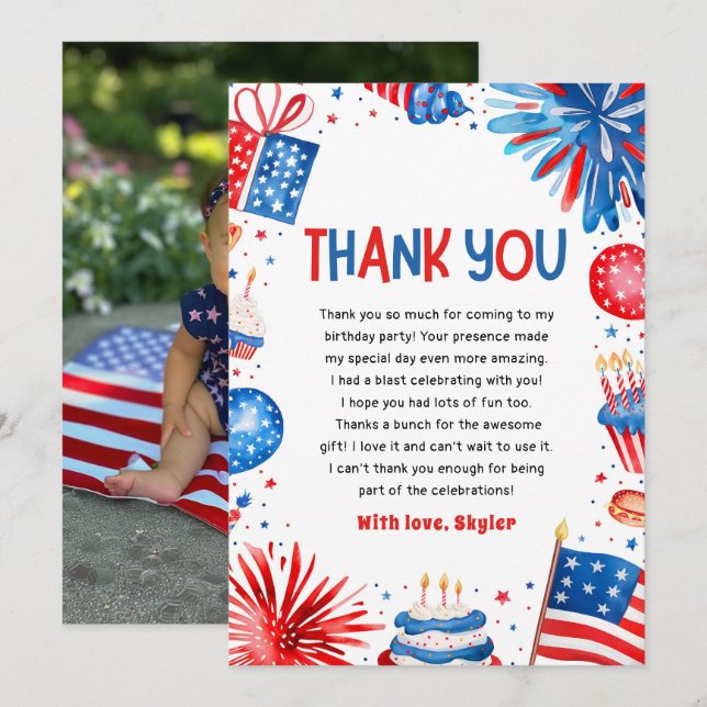  Little Miss Independant 4th Of July 1st Birthday Thank You Card (Front/Back)