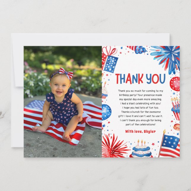 Little Miss Independant 4th Of July 1st Birthday Thank You Card (Front)