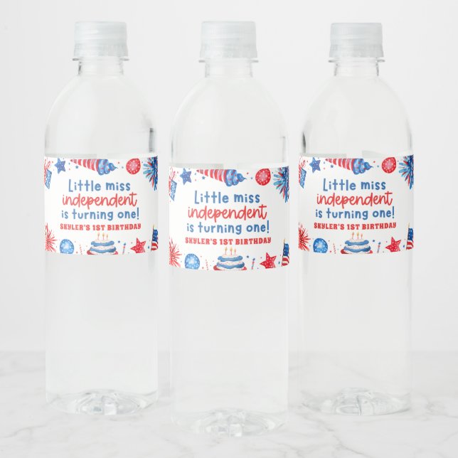 Little Miss Independant 4th of July 1st Birthday Water Bottle Label (Bottles)