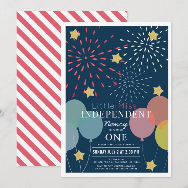 Little Miss Independant Fireworks Balloon Birthday Invitation (Front/Back)