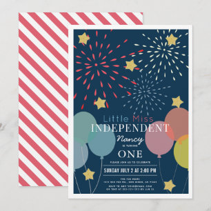 Little Miss Independant Fireworks Balloon Birthday Invitation
