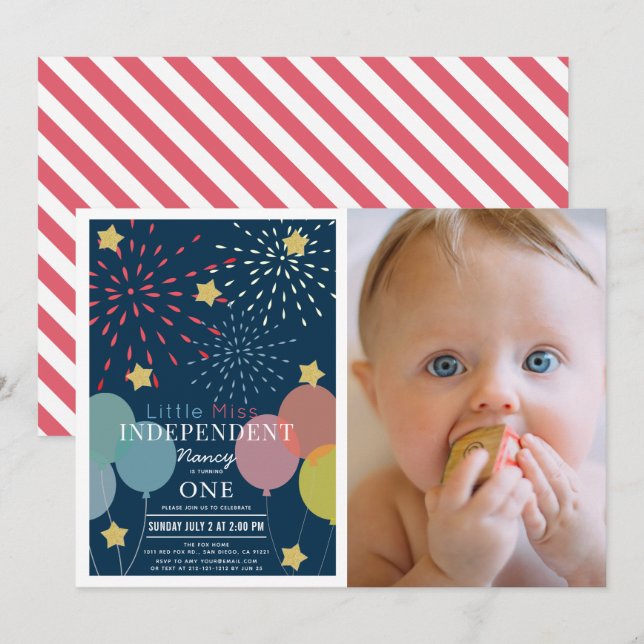 Little Miss Independant Fireworks Photo Birthday Invitation (Front/Back)