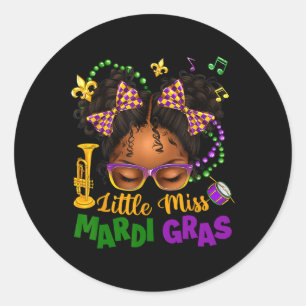 Little Miss Mardi Gras Afro Messy Bun Girls Kids N Classic Round Sticker
