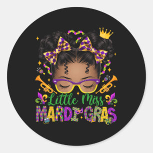 Little Miss Mardi Gras Afro Messy Bun Girls Kids N Classic Round Sticker