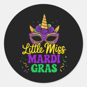 Little Miss Mardi Gras Unicorn Mask For Girls And  Classic Round Sticker