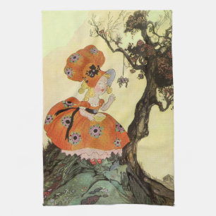 Little Miss Muffet & Spider, Vintage Mother Goose Tea Towel