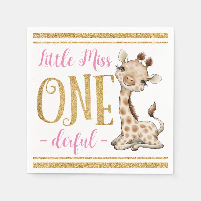Little  Miss One Derful Cute Giraffe 1st Birthday Napkin (Front)