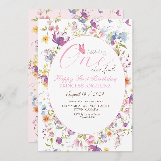 Little Miss One derful floral 1st Birthday Party Invitation (Front/Back)