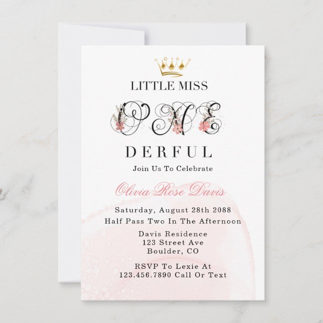 Little Miss One-derful Pink 1st Birthday Party Inv Invitation (Front)