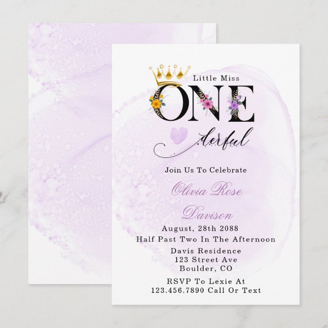 Little Miss One-derful Purple 1st Birthday Party Invitation (Front/Back)