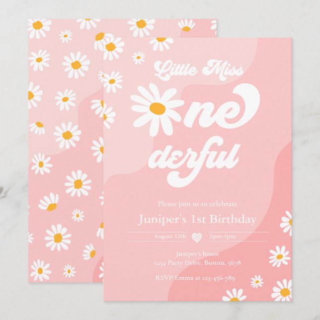 Little Miss ONEderful 1st Birthday Boho Daisy Invitation (Front/Back)