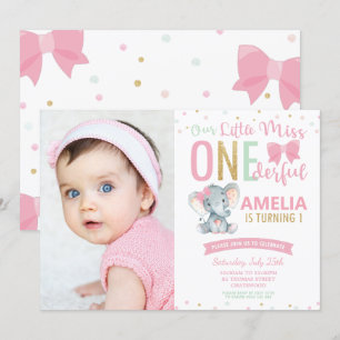 Little Miss ONEderful 1st Birthday Elephant Photo Invitation