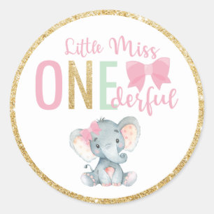 Little Miss ONEderful 1st Birthday Favor Elephant Classic Round Sticker