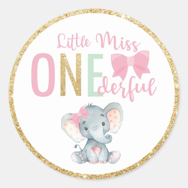 Little Miss ONEderful 1st Birthday Favour Elephant Classic Round Sticker (Front)
