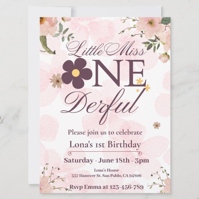 little miss onederful 1st birthday invitation (Front)