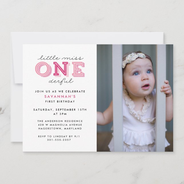 Little Miss Onederful 1st Birthday Photo Invitation (Front)