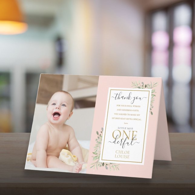 Little Miss ONEderful 1st Birthday Photo Pink Girl Thank You Card (Little Miss ONEderful 1st Birthday Photo Pink Girl Thank You Card)