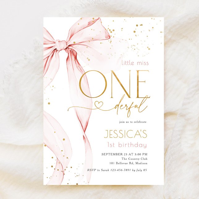 Little Miss ONEderful 1st Birthday Pink Bow Invitation (Creator Uploaded)