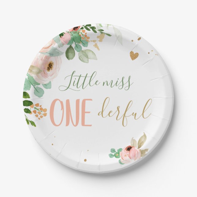 Little Miss Onederful Birthday Pink Girl Flowers Paper Plate (Front)