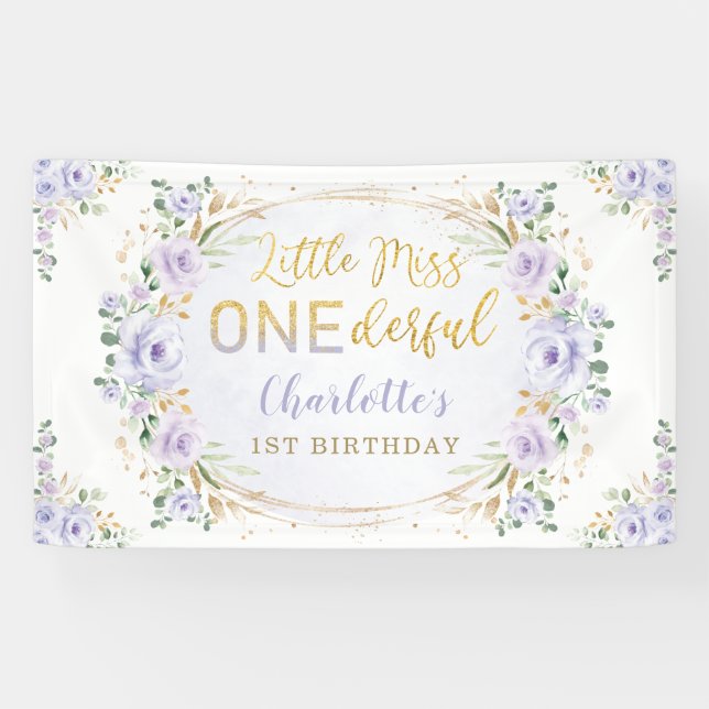 Little Miss ONEderful Birthday Purple Gold Floral Banner (Horizontal)