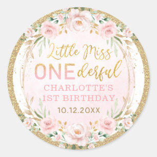 Little Miss ONEderful Blush Pink Floral Birthday Classic Round Sticker