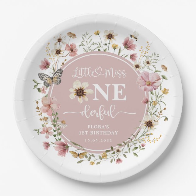 Little Miss ONEderful Blush Wildflower Birthday Paper Plate (Front)