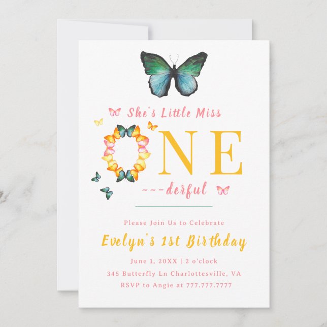 Little Miss Onederful Boho Butterfly 1st Birthday Invitation (Front)