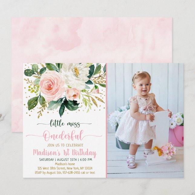 Little Miss Onederful Boho Floral Birthday Invitation (Front/Back)