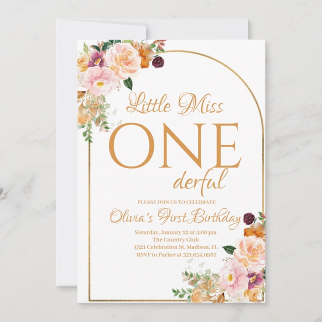 Little Miss Onederful Boho Flowers Birthday Invitation (Front)