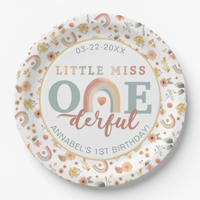 Little Miss Onederful Boho Rainbow Birthday Paper  Paper Plate (Front)
