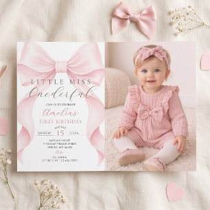 Little Miss Onederful Bow Girl 1st Birthday Photo Invitation