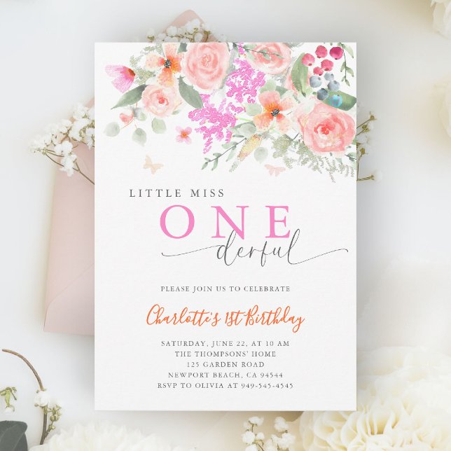 Little Miss Onederful Bright Girl 1st Birthday Invitation (little miss onederful girls 1st birthday invite colorful garden wildflowers watercolor calligraphy)